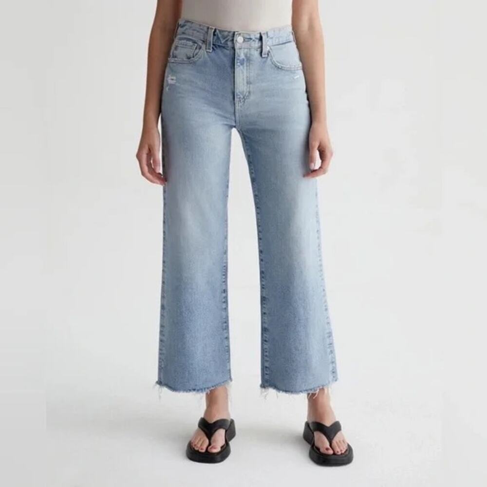 AG Adriano Goldschmied Saige Wide Leg Crop High Rise Jeans 30 Raw Hem Distressed
